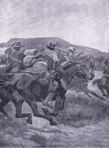 Yeomanry angriper De Wets bakvakt og transport, fra After Pretoria: The Guerilla War utgitt av Harmsworth Bros Limited, 1901 av Richard Caton Woodville