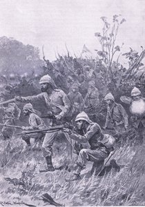 Fremskritt for de britiske styrkene i Ashanti-kampanjen i 1873, illustrasjon fra British Battles on Land and Sea, 1915 av Richard Caton Woodville junior