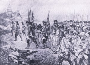 Blenheim, 13. august 1704: Storming av landsbyen, illustrasjon fra britiske slag på land og hav, 1915 av Richard Caton Woodville junior