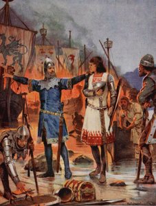 FitzStephen brenner sine båter, 1169, illustrasjon fra 'Hutchinson's Story of the British Nation', ca. 1923 av Richard Caton Woodville junior