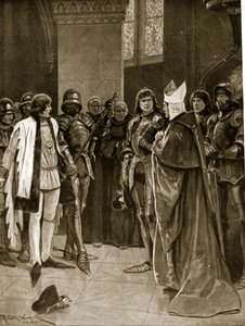 Henry VI blir levert til Edward IV ved St. Paul's, 1401, illustrasjon fra 'Hutchinson's Story of the British Nation', ca. 1923 av Richard Caton Woodville junior