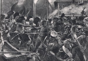 The 42nd Highlanders driver franskmennene ut av Elvina, illustrasjon fra 'British Battles on Land and Sea', utgitt av Cassell, London, ca. 1910 av Richard Caton Woodville junior