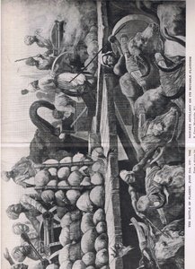 Slaget ved Plessey 23. juni 1757: Nawabs artilleri på sin bevegelige plattform, illustrasjon fra British Battles on Land and Sea, 1915 av Richard Caton Woodville junior