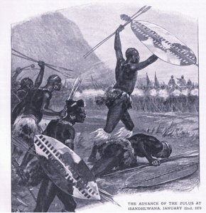 Zuluenes fremmarsj ved Isandhlwana 22. januar 1879, illustrasjon fra British Battles on Land and Sea, 1915