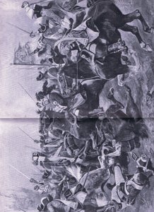 Kavalerikonflikten i slaget ved Ramilles, 3. mai 1706, illustrasjon fra British Battles on Land and Sea, 1915 av Richard Caton Woodville junior