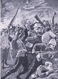 Forsvaret av Rorkes Drift, illustrasjon fra British Battles on Land and Sea, 1915 av Richard Caton Woodville junior