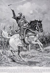 Den første anklagen ved Hastings: Taillefer, minstrel-sverdjongløren, red fra rekkene og sang og kastet sverdet i luften, 1066, illustrasjon fra 