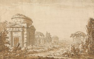 Klassisk italiensk landskap med templer og en ødelagt akvadukt av Richard Cooper the Younger