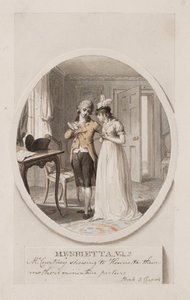 Mr Courtney viser Henrietta deres mors miniatyrbilde, bok 5, kapittel 4, illustrasjon for en 1798-utgave av 'Henrietta' av Charlotte Lennox, ca. 1798 (blyant og wc på papir)