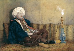 Portrett av Sir Thomas Philips i østlig kostyme, liggende med vannpipe (wc forhøyet med hvitt på papir)