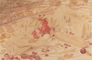 Stilleben med stikkelsbær, bringebær, rips, vårløk, en agurk og løvverk av Richard Dadd