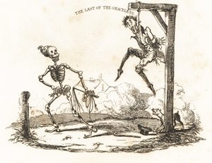 Vignett av et skjelett og en mann hengende fra en gibbet., 1827 (gravering)