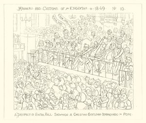 1849, et prospekt av Exeter Hall som viser en kristen gentleman som fordømmer paven av Richard Doyle