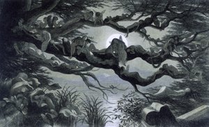 Feer, nymfer og alver som hviler i måneskinnet på en gren? Illustrasjon av ""In Fairyland. En serie bilder fra alven - verden"" av Richard Doyle 1869-1870 The British Library Institution Referanse: Hyllemerke ID: 1876 e18 