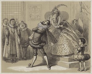Slående scene mellom dronning Elizabeth og hennes favoritt Essex (akvatint)