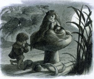 En vannfe som sitter på en sopp blir kurtisert av en elsker. I ""World of Fairies"" av Richard Doyle av Richard Doyle