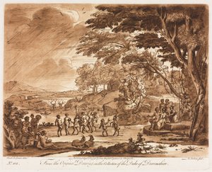 Liber Veritatis: nr. 108, Landskap med satyrer og nymfer som danser, 1775. av Richard Earlom