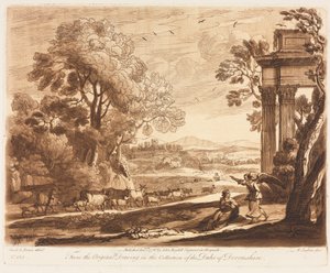 Liber Veritatis: No. 133, A Landscape, with Cattle, and the Angel Comforting Hagar, 1776. av Richard Earlom