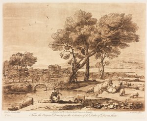 Liber Veritatis: No. 135, A Landscape, with Buildings, Mercury Stealing Admetuss Cattle..., 1776. av Richard Earlom