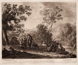 Liber Veritatis: No. 25, A Mountainous and Wooded Landscape with Shepherds Playing and Goats Surfing av Richard Earlom
