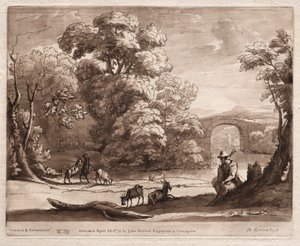 Liber Veritatis: No. 39, A Landscape with Herdsman Playing a Sekkepipe og Goats Browsing, 1774. av Richard Earlom