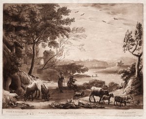 Liber Veritatis: No. 42, A River Landscape with a Shepherd and Shepherdess..., 1774. av Richard Earlom