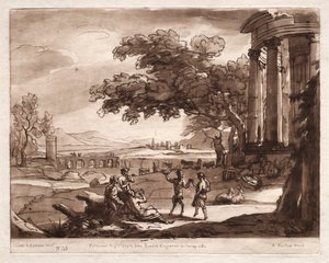 Liber Veritatis: nr. 55, Et landskap med et tempel og en nymfe og satyrdans av Richard Earlom