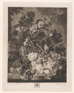 Stilleben av frukt og blomster