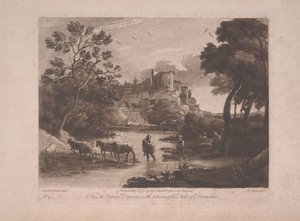 Utsikt over Tivoli ved solnedgang, utgitt 1775 (mezzotint med etsning) av Richard Earlom