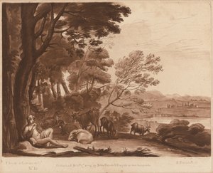 Landskapsnr. 15 fra "Sannhetens bok" av Richard Earlom after Claude Lorrain