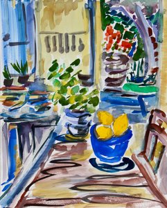 Lemons in Blue Bowl, 2021 (akvarell på papir)