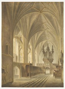 The Choir of Bristol Cathedral, Looking West (håndfarget akvatint) av Richard G. Reeve