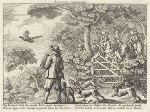 Valkenjacht op fazanten Feasant Hawking (tittel på objekt) Jachtpartijen (serietittel) Severall Wayes of Hunting, Hawking og Fishing, Ifølge den engelske måten (serietittel) av Richard Gaywood (possibly)