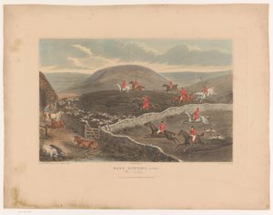 Landskap med hunder og jegere på hesteryggen som løper gjennom jorder Harejakt, Plate 2. Krigsneper! (tittel på objekt)