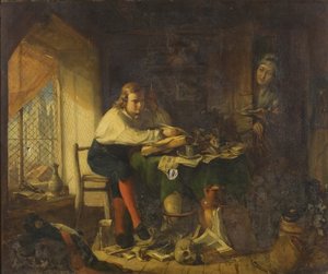 Chatterton komponerer Rowleian-manuskriptene (olje på lerret) av Richard J. Lewis