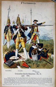 Preussiske grenadervakter og offiserer i 1745, ca. 1890 (farge litho) av Richard Knoetel