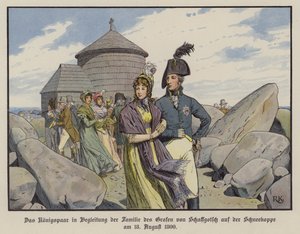 Kong Frederick William III og dronning Louise av Preussen i selskap med familien til grev von Schaffgotsch på Schneekoppe, august 1800 (farge litho)