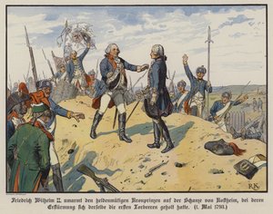 Kong Frederick William II av Preussen omfavner sin heroiske sønn, kronprins Frederick William, på bakken i Kostheim