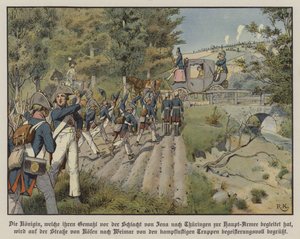Prøyssiske soldater hilser på dronning Louise av Preussen når hun passerer dem på veien fra Kosen til Weimar (farge litho)