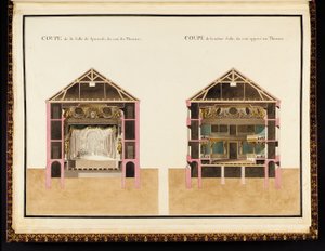 Del av forestillingssalen på siden av teatret & Del av samme sal på siden overfor teatret, fra Compendium of Plans of the Petit Trianon av Richard Mique