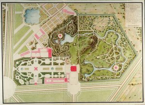 Plan over de franske og landlige hagene til Petit-Trianon med massene av bygningen, fra Recueil des plans du Petit Trianon av Richard Mique