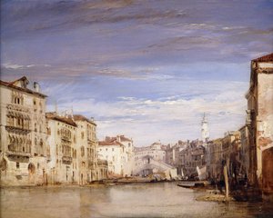 En utsikt over Canal Grande Venezia, fra Palazzo Bernardo med utsikt mot Rialtobroen, av Richard Parkes Bonington