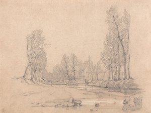 En skogkledd bekk og et gårdshus i Normandie av Richard Parkes Bonington