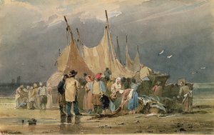 Fisherfolk on a Beach, a Storm Approaching (watercolour)