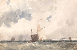 Fartøy i et hakkete hav (akvarell med utskraping på papir) av Richard Parkes Bonington
