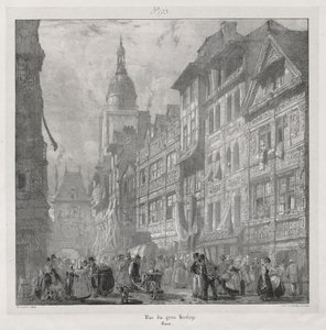 Pittoreske og romantiske reiser i det gamle Frankrike, Normandie: Rue du Gros Horloge, Rouen av Richard Parkes Bonington