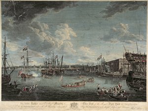 Utsikt over Royal Dock Yard i Deptford, gravert av William Woollett, publisert 1. juli 1793 (farget etsning)