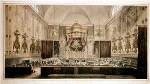 Utsikt over House of Lords, overhuset til parlamentet i Storbritannia. Gravering av Rothwell. Parker Gallery fra 1800-tallet, London