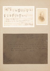 Autograf musikalsk sitat montert med carte-de-visite fotografi av Wagner og en herkomstnotat av Richard Wagner