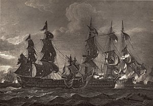 HMS-kaptein ombord på San Nicholas og San Josef, illustrasjon fra 